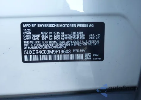 2021 BMW X5 Sdrive40I из США, поврежденный, VIN 5UXCR4C03M9F19603